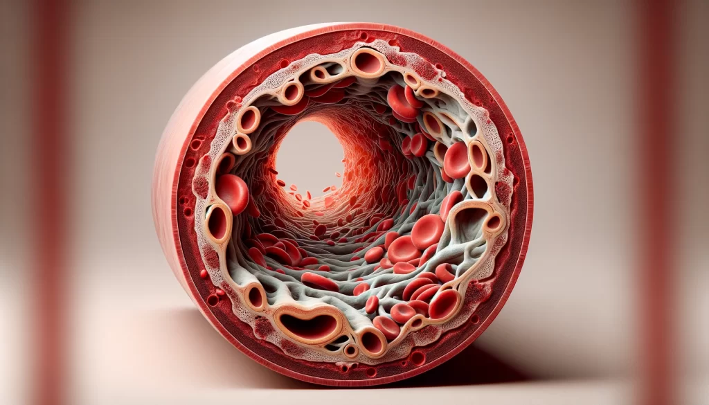 a hyper-realistic image showing a cross-section of a blood vessel, with distinct sections for both healthy passage and plaque buildup that narrows the passage. 