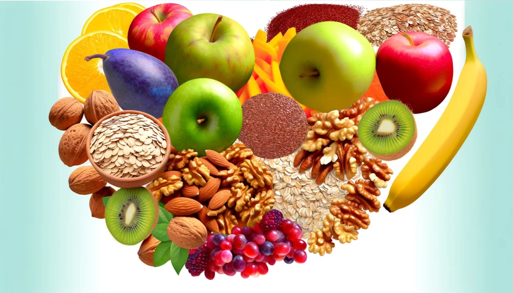 a hyper-realistic image showcasing a vibrant and colorful spread of almonds, walnuts, flaxseeds, oats, barley, and a variety of fruits and vegetables.