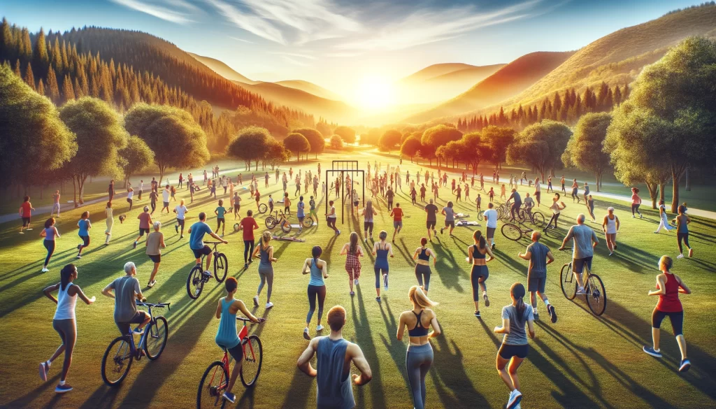 a hyper-realistic image capturing an inspiring view of a diverse group of people engaging in various forms of outdoor exercise, such as walking, running, and cycling