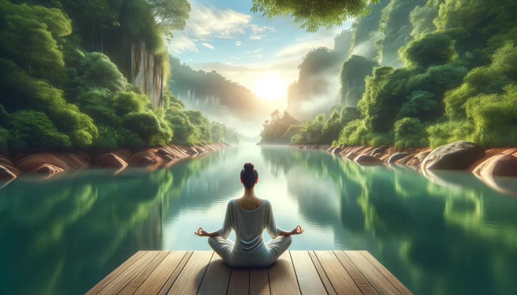 a hyper-realistic image depicting a serene and calming scene, where a person is practicing yoga or meditation in a tranquil outdoor setting, surrounded by gentle water or lush greenery. 