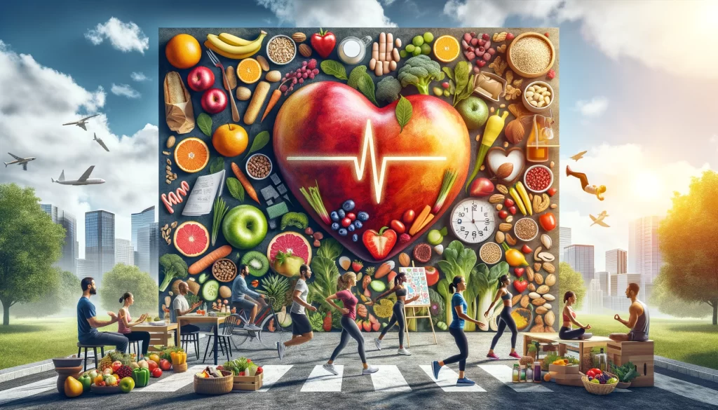 a hyper-realistic collage that highlights the importance of diet, exercise, and stress management in lowering LDL cholesterol and enhancing heart health. 